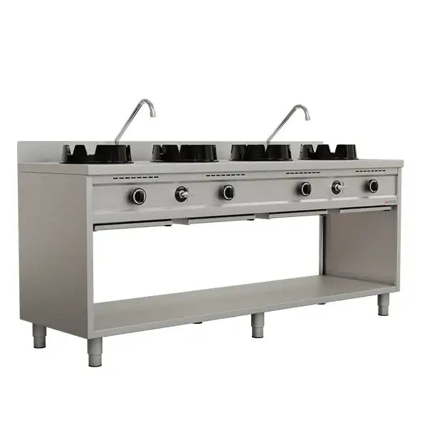 Gas Wok Stove – 2000x600x850/900 mm - 4×15 kW – 4 Cooking Zones
