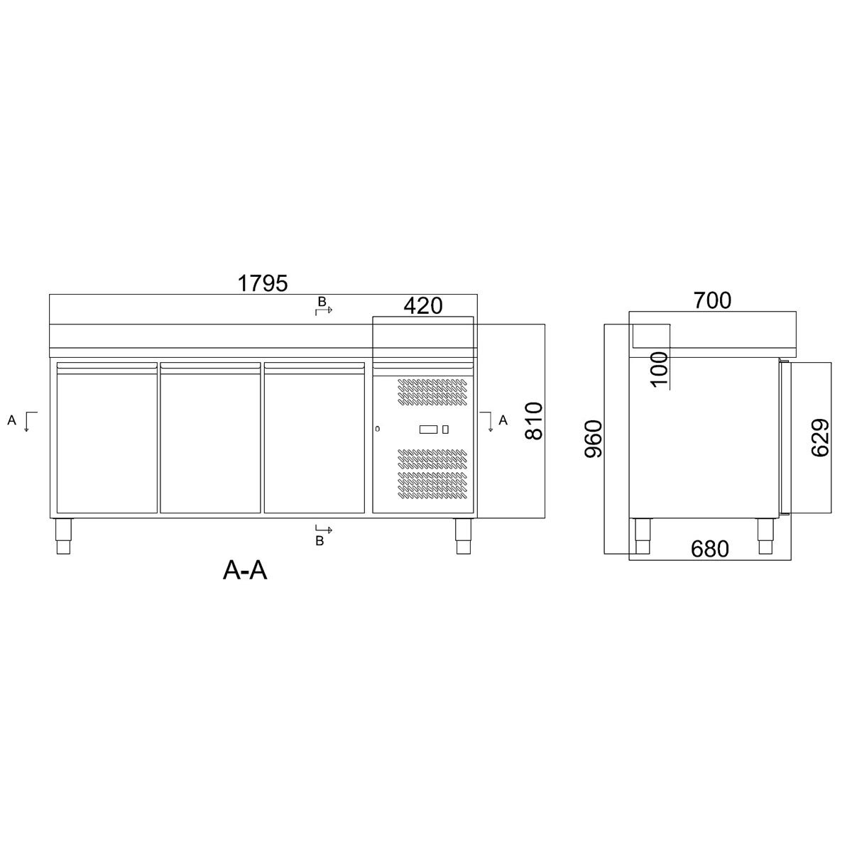 EASYLINE Tiefkühltisch 700 / 3-türig inkl. Aufkantung - Monoblock