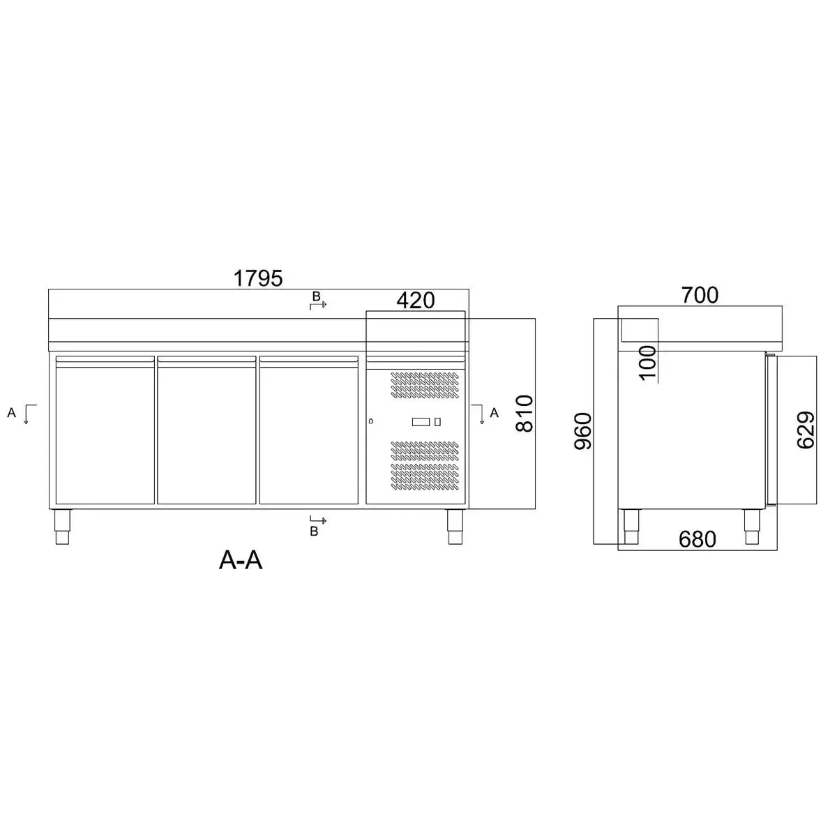 Zeichnung eines Edelstahltisches mit Kühlabteil und Maßen für Gastronomie, Gastro-Bedarf24