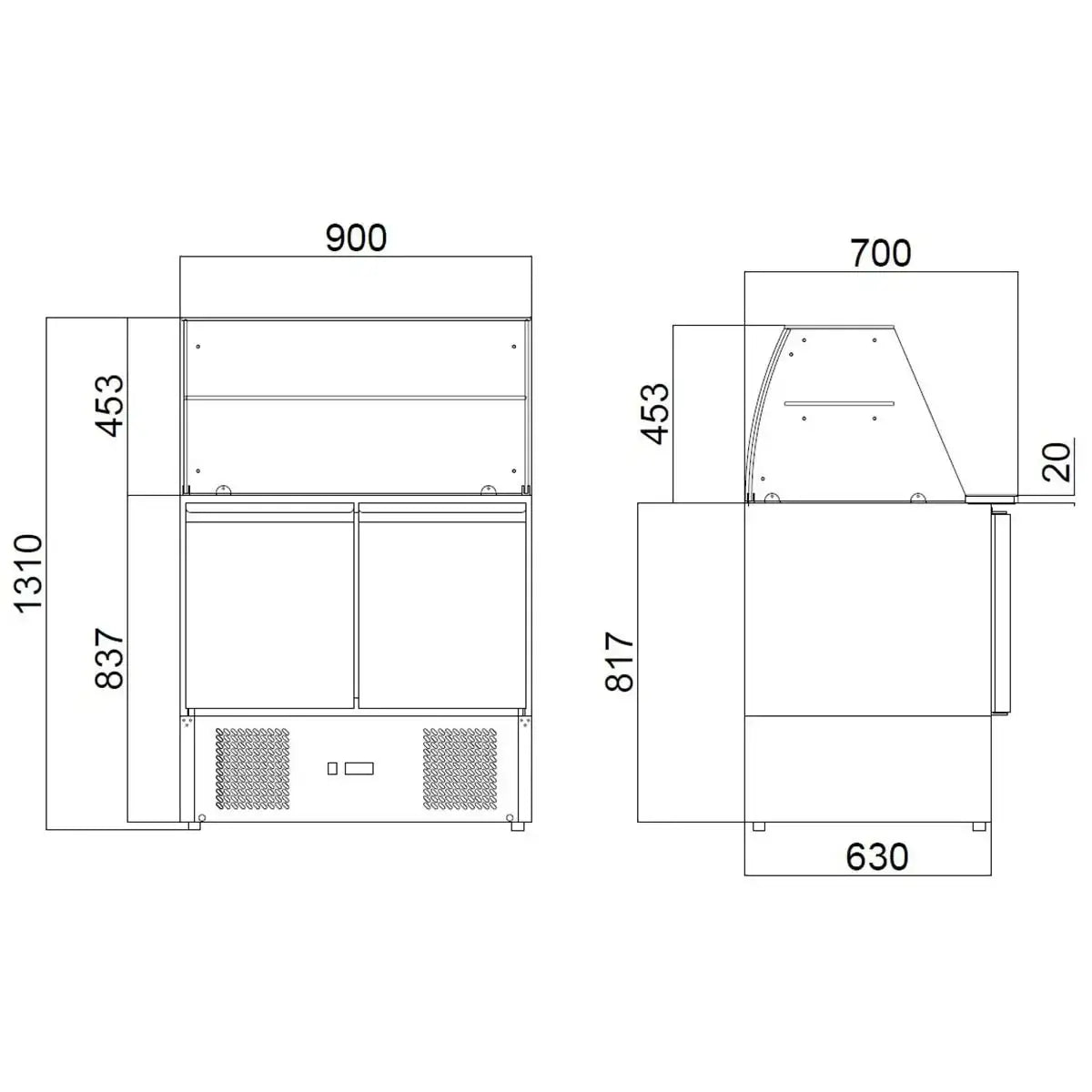 Technische Zeichnung Gastronomie-Kühlschrank mit Maßen, Edelstahl, 900x1310 mm, für Profi-Küchen