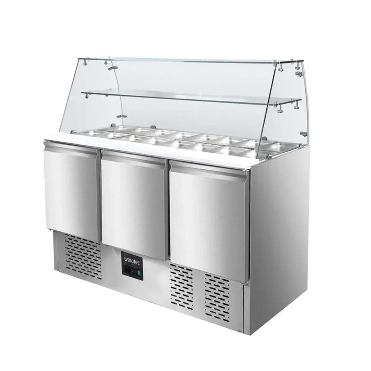 Edelstahl-Kühltisch mit Glasvitrine und GN-Behältern für Gastronomie