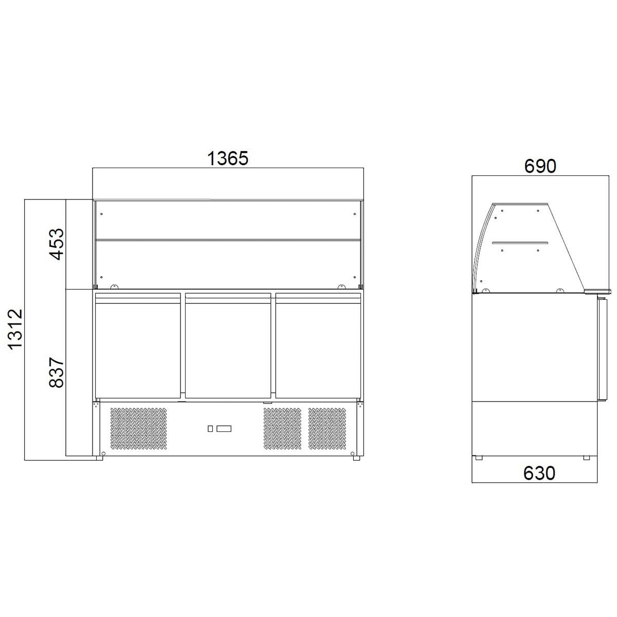 EASYLINE Saladette 700 / 3-fach mit eckigem Glasaufsatz