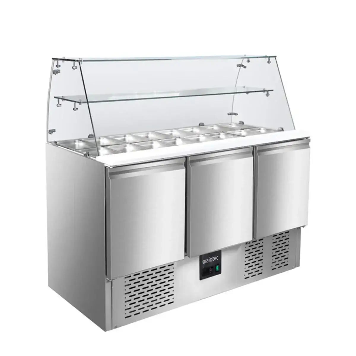 Edelstahl Pizzatisch mit Kühlung und Glasaufsatz für Gastronomie, drei Türen, Gastro-Bedarf24