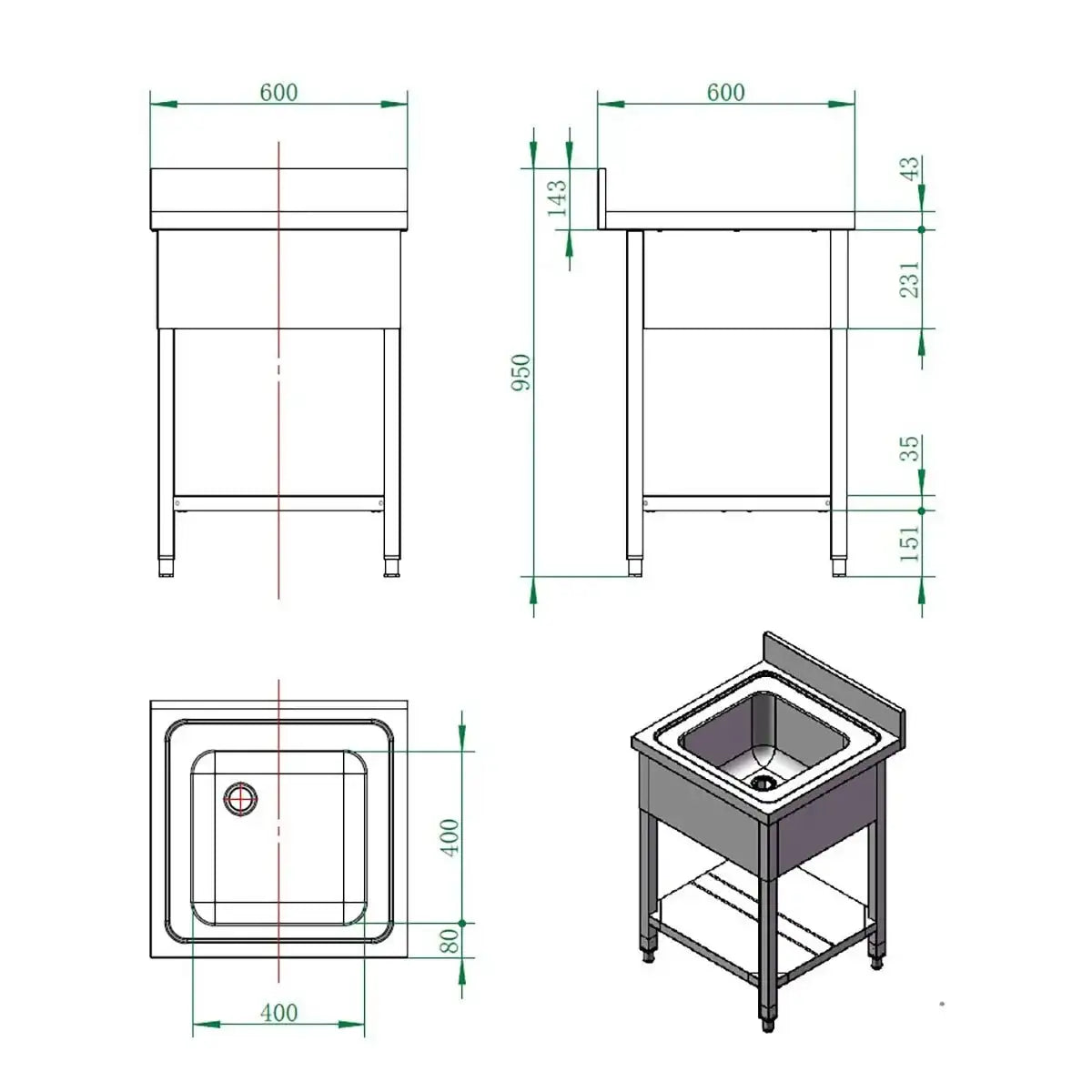 Edelstahl Spültisch 60x60 cm für Gastroküche, technische Zeichnung mit Maßen, Gastrobedarf