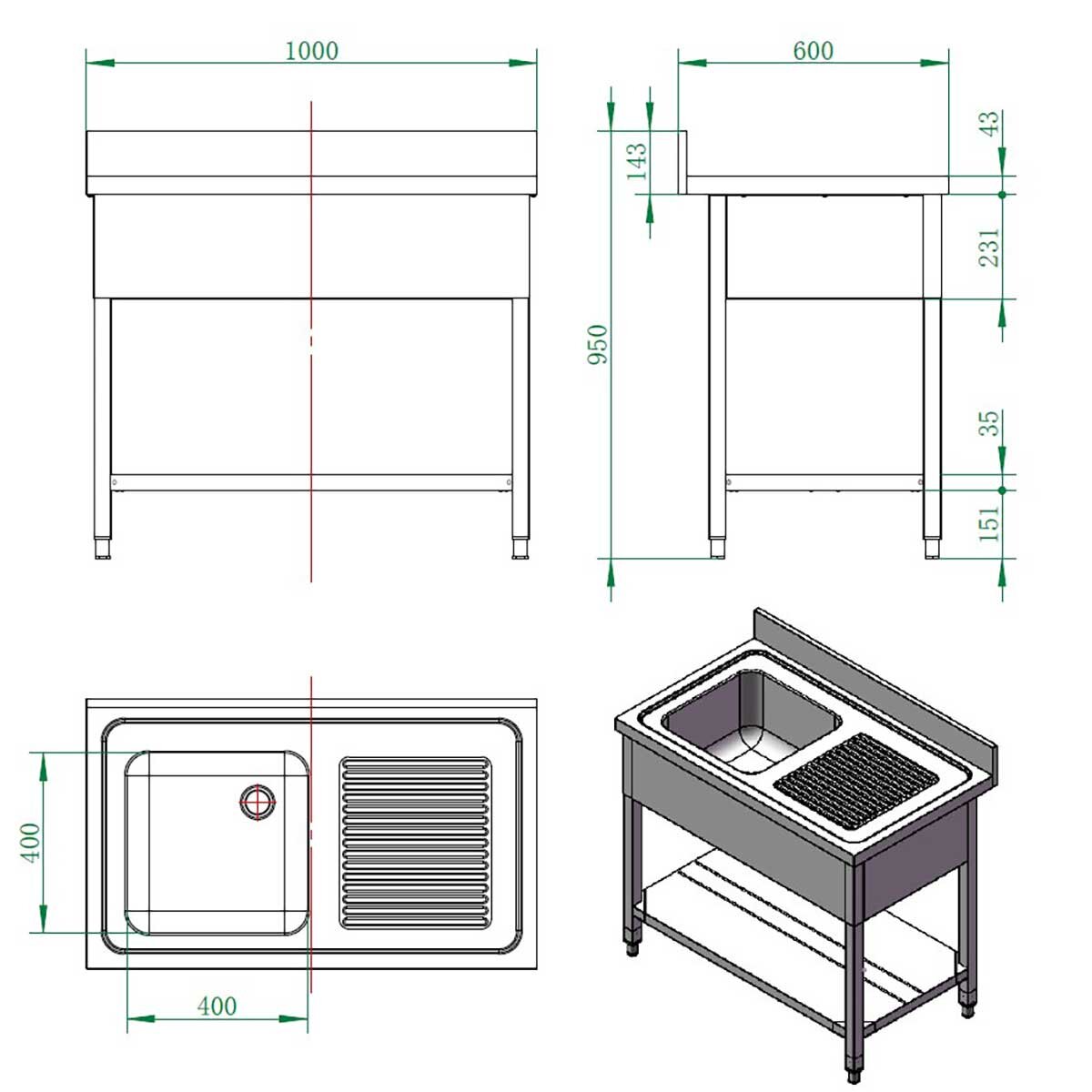 EASYLINE Spültisch 600 / 1 Becken links mit Abtropffläche B:1000