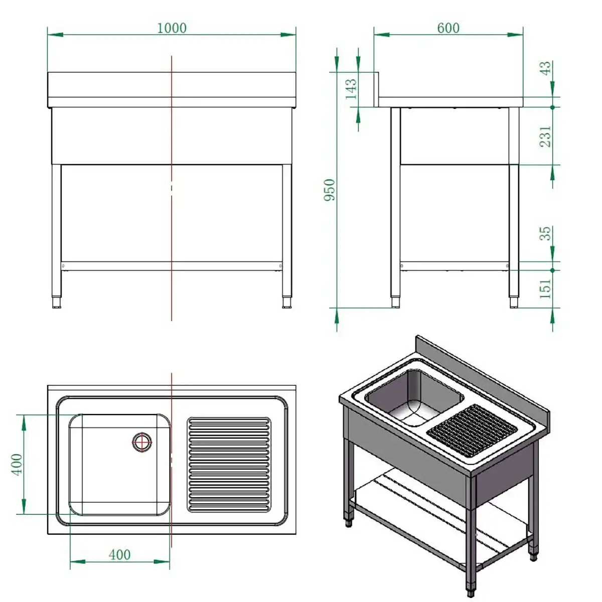 Edelstahl Spültisch mit Abtropffläche für Gastronomie, technische Zeichnung, Maße