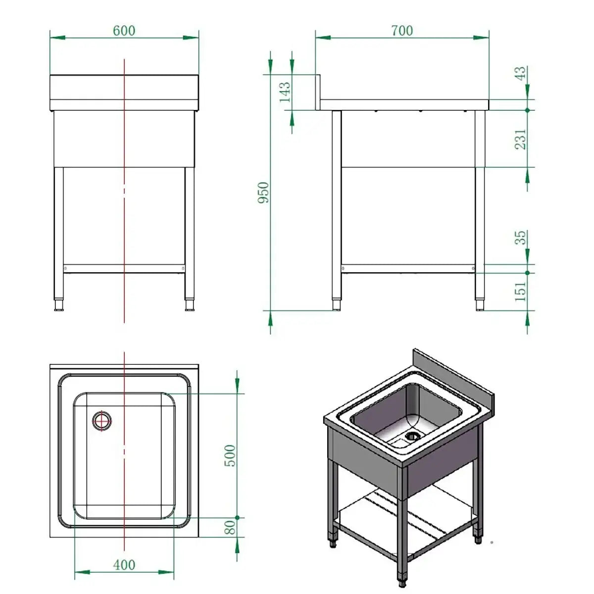 Edelstahl Spültisch mit Becken, Maße, technische Zeichnung, Gastronomiebedarf, Gastro-Bedarf24