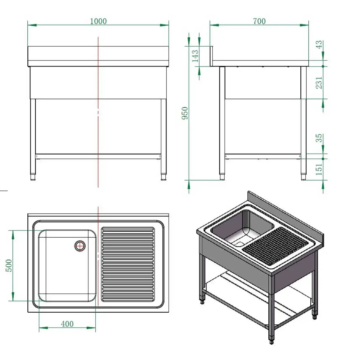 Edelstahl Spültisch mit Ablage, technische Zeichnung, Gastronomie Küche Ausstattung
