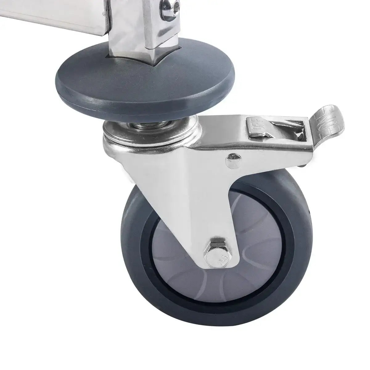 Schwenkrolle mit Feststeller aus Edelstahl für Gastronomie Edelstahlmöbel, Nahaufnahme.