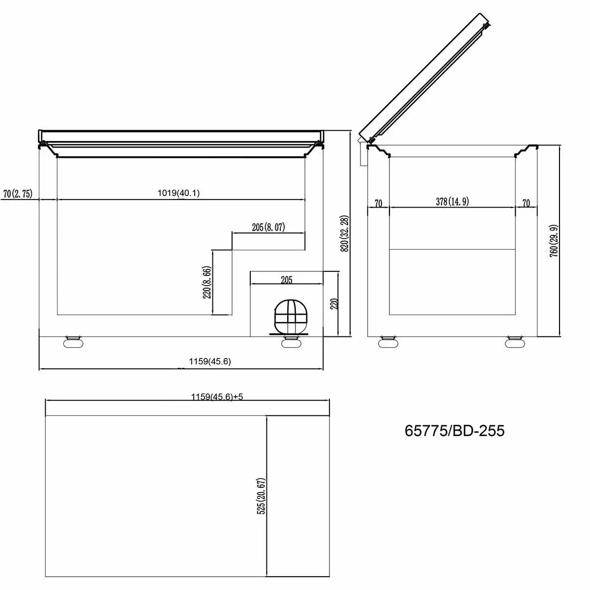 Technische Zeichnung Gefriertruhe Modell 65775/BD-255 für Gastronomie, Maße und Aufbau sichtbar