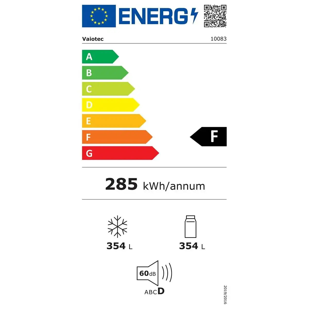 Energieeffizienzkennzeichnung für Gastro-Kühlgerät, Klasse F, 285 kWh/Jahr, 354 Liter Volumen.