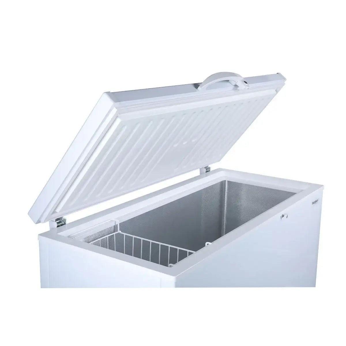 Weißer Gastronomie-Gefrierschrank mit offenem Deckel und Drahtkorb, Gastro-Bedarf24