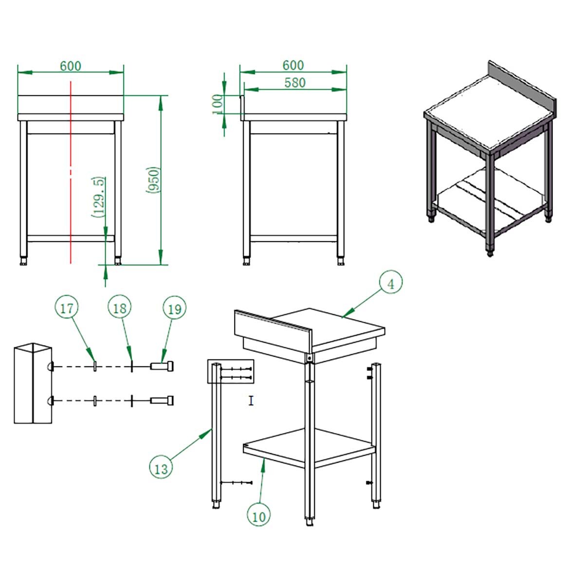EASYLINE Arbeitstisch 600 / mit Grundboden & Aufkantung