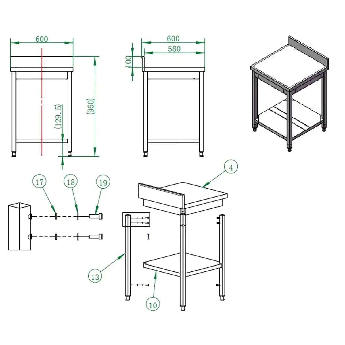Edelstahl Arbeitstisch Gastronomie mit Spritzschutz, technische Zeichnung mit Maßen, ideal für Profiküchen.