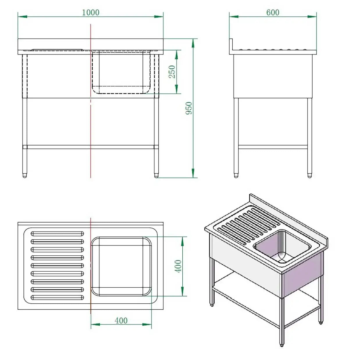 Technische Zeichnung eines Edelstahl-Gastronomie-Spültischs mit Abtropffläche und Maßen, ideal für Profiküchen.
