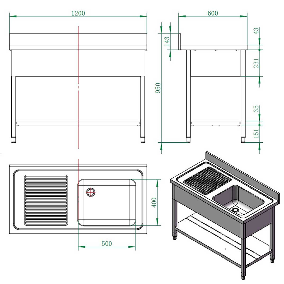EASYLINE Spültisch 600 / 1 Becken rechts und Abtropffläche B:1200