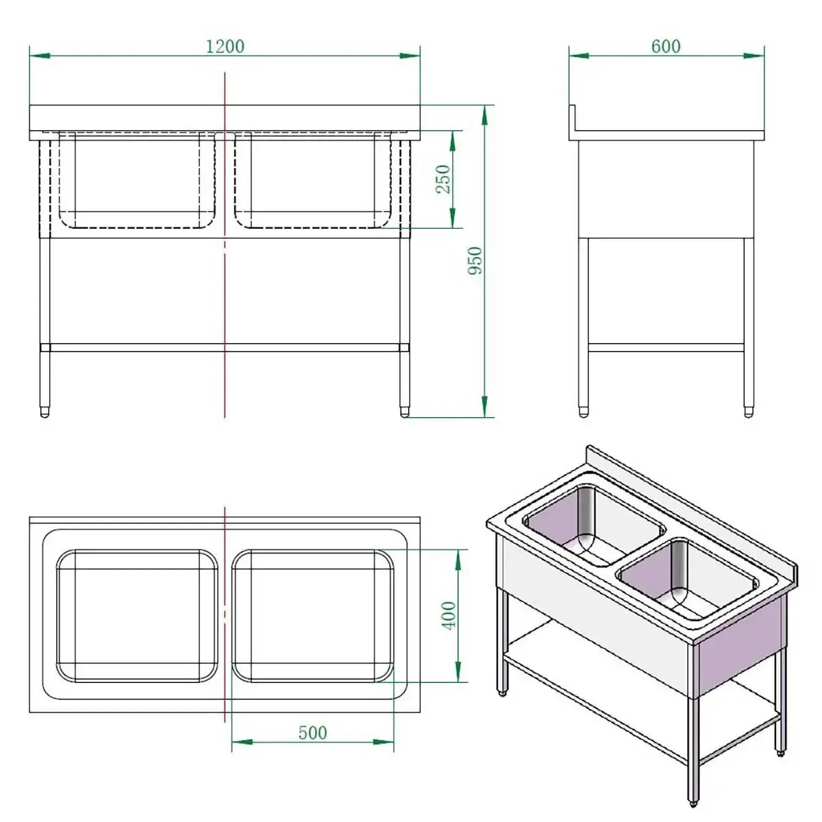 Technische Zeichnung Edelstahl Spültisch mit 2 Becken für Gastronomie, 120x60 cm