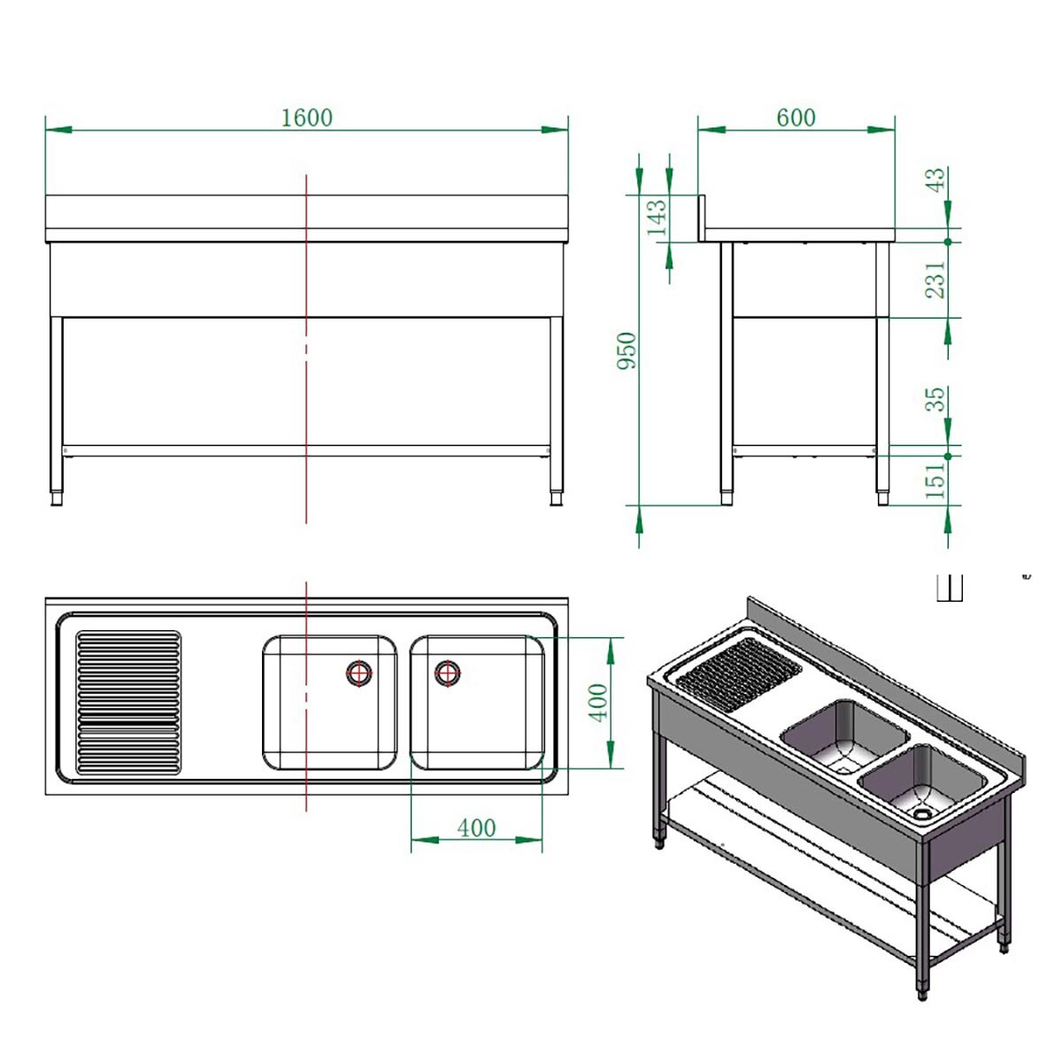 EASYLINE Spültisch 600 / 2 Becken rechts und Abtropffläche B:1600