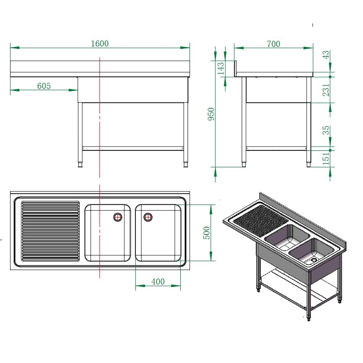 EASYLINE Spülzentrum 700 / 2 Becken rechts B:1600