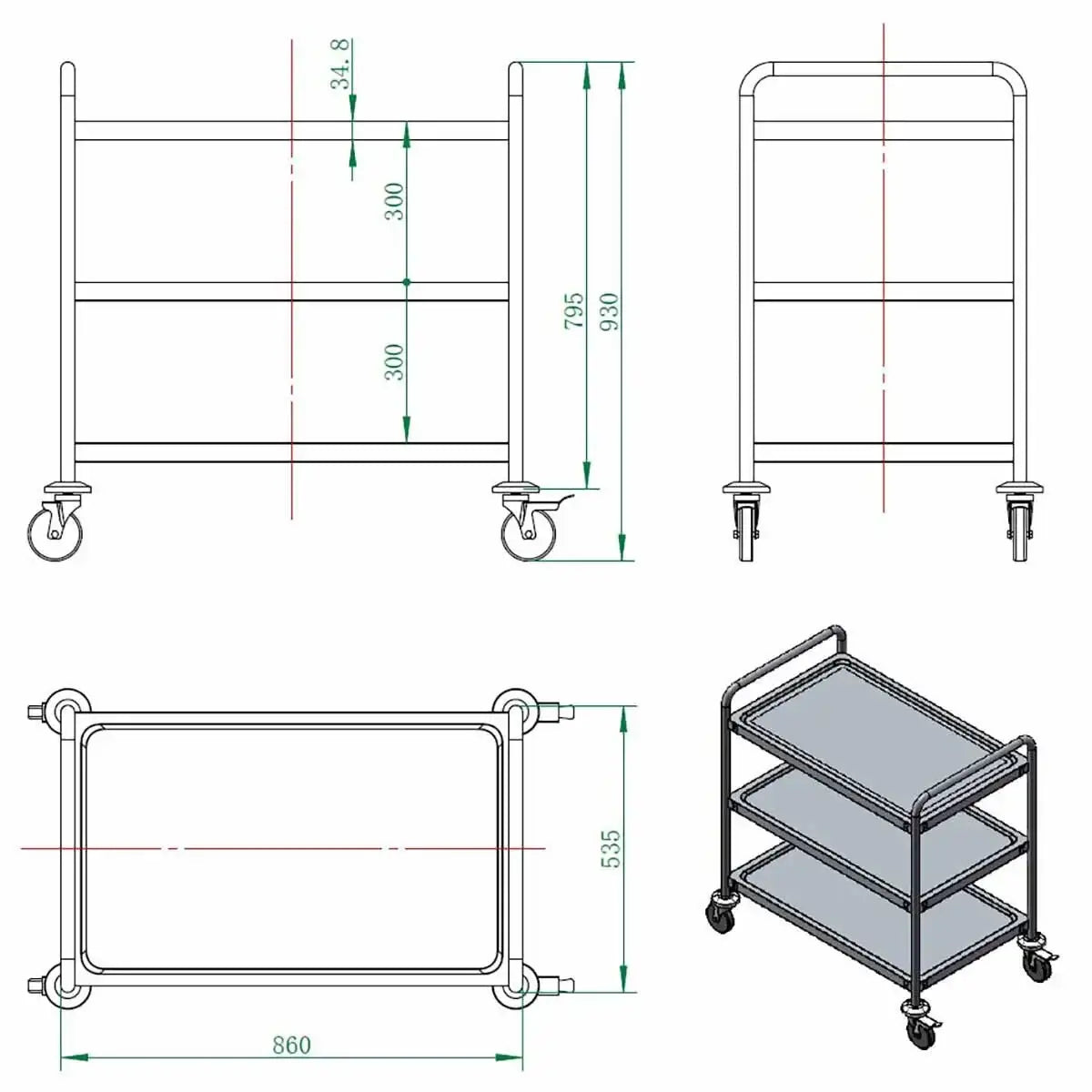 Technische Zeichnung eines Edelstahl Servierwagens mit drei Ablagen und Rollen, Gastrobedarf