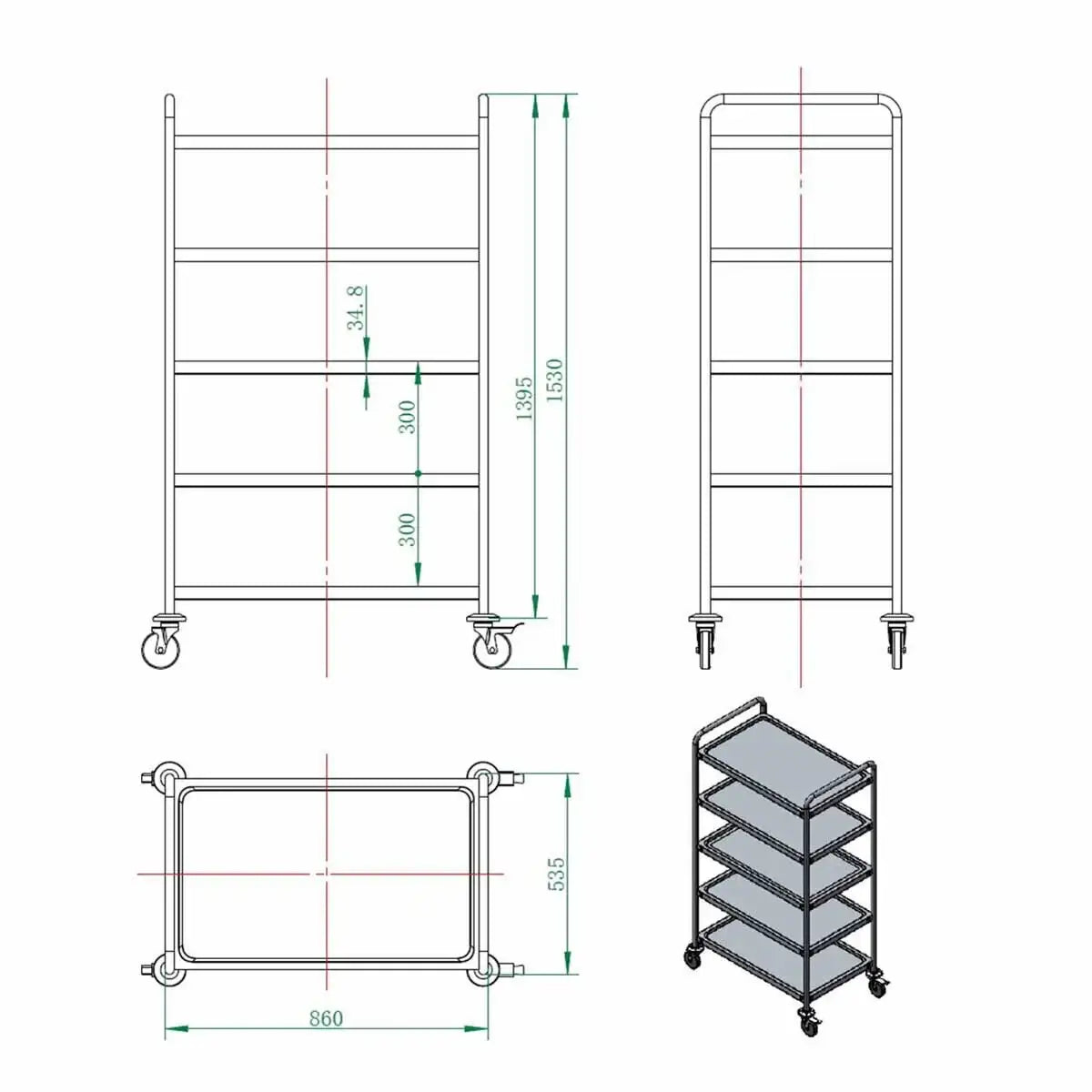 Technische Zeichnung Edelstahlwagen mit 4 Ablagen und Rollen, für Gastronomiebedarf