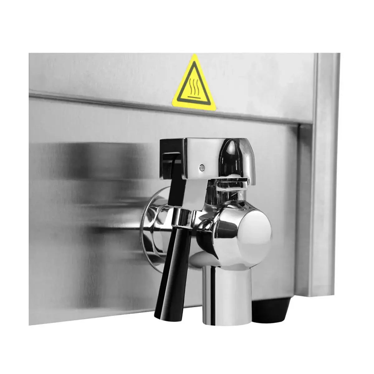 Edelstahl Zapfhahn an Gastronomiegerät, Sicherheitszeichen, Profi-Küchenausstattung
