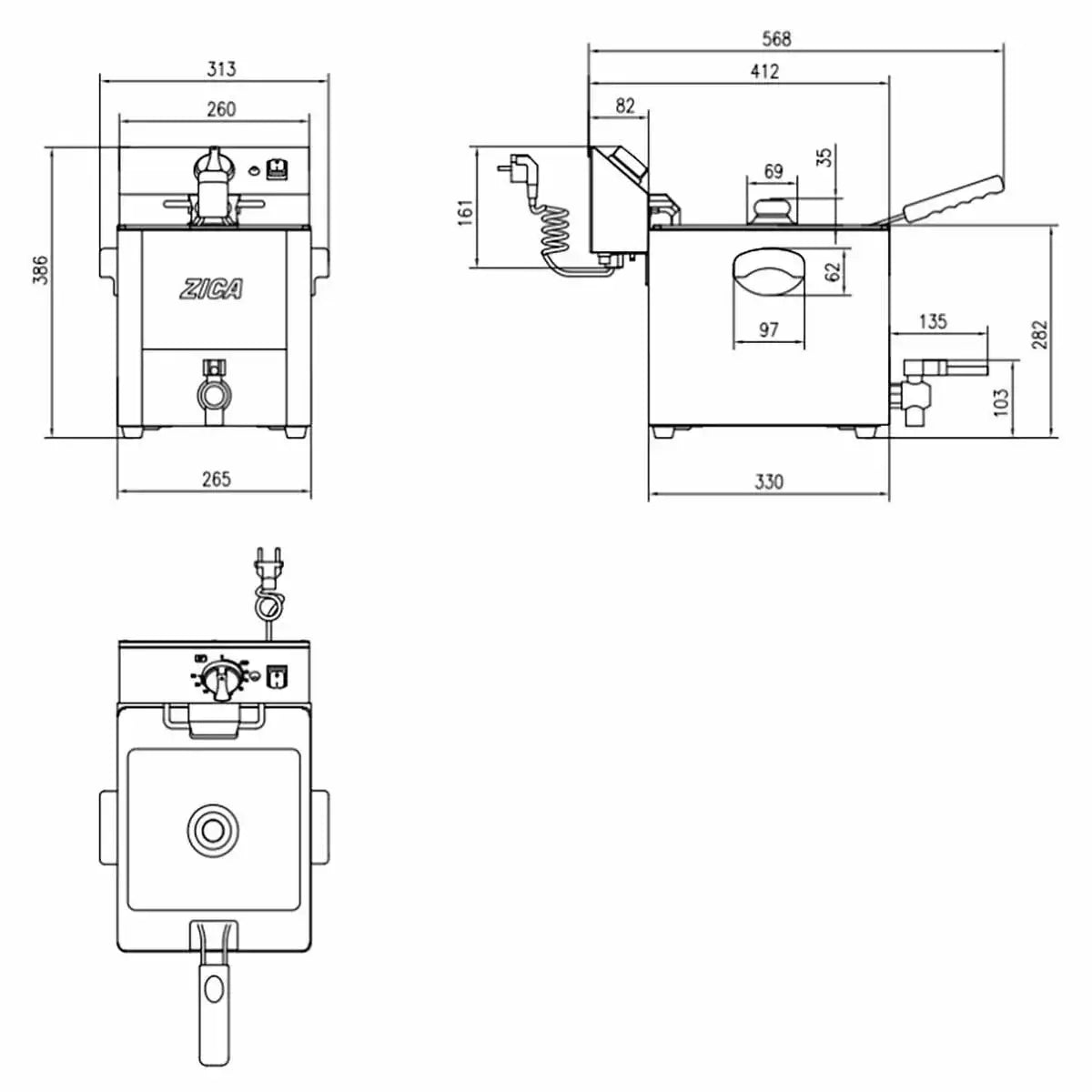 Technische Zeichnung einer Edelstahl-Fritteuse für Gastronomie, Abmessungen und Details sichtbar