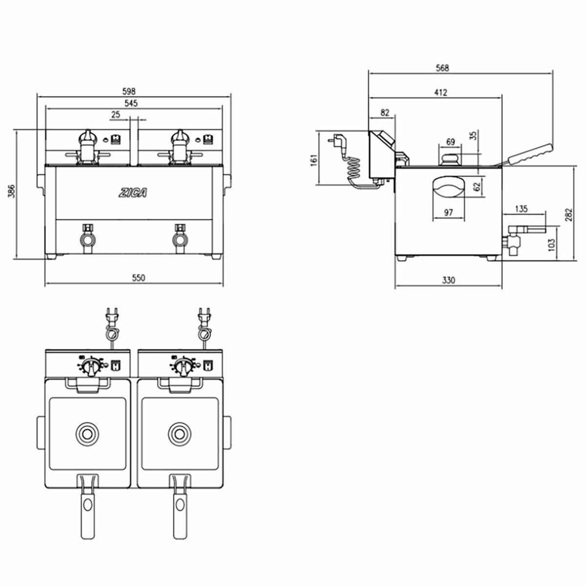 EASYLINE Elektro Fritteuse 2 Becken mit Ablasshahn 8 + 8 Liter