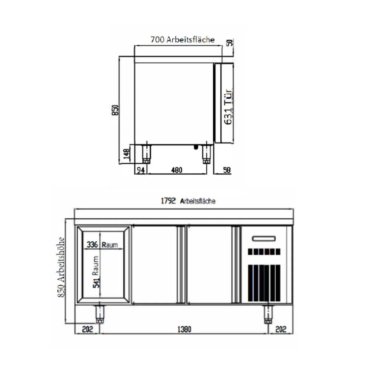 TOPLINE Kühltisch / 3-fach GN1/1 mit 4 Schubladen / 1 Tür, 1795 x 700 mm