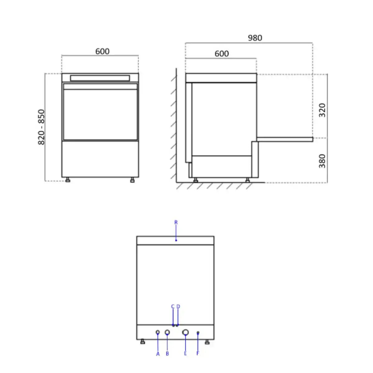 Technische Zeichnung eines Edelstahl-Gastronomiegeräts, Maße 600x980 mm, Gastro-Bedarf24