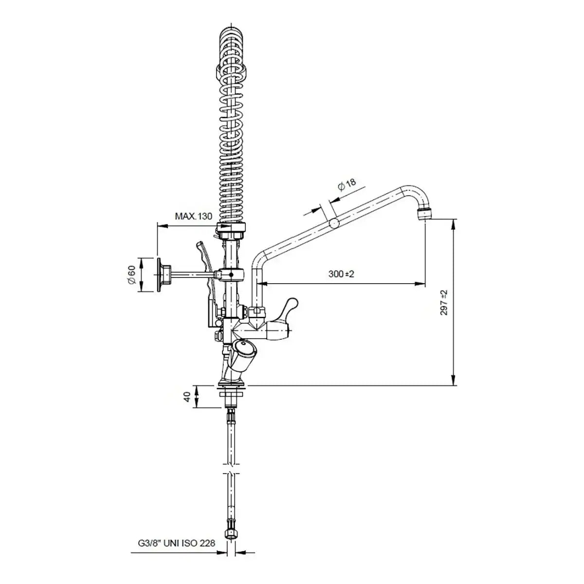Technische Zeichnung Gastro-Spültischarmatur Edelstahl für Großküche, mit Maßen und Details