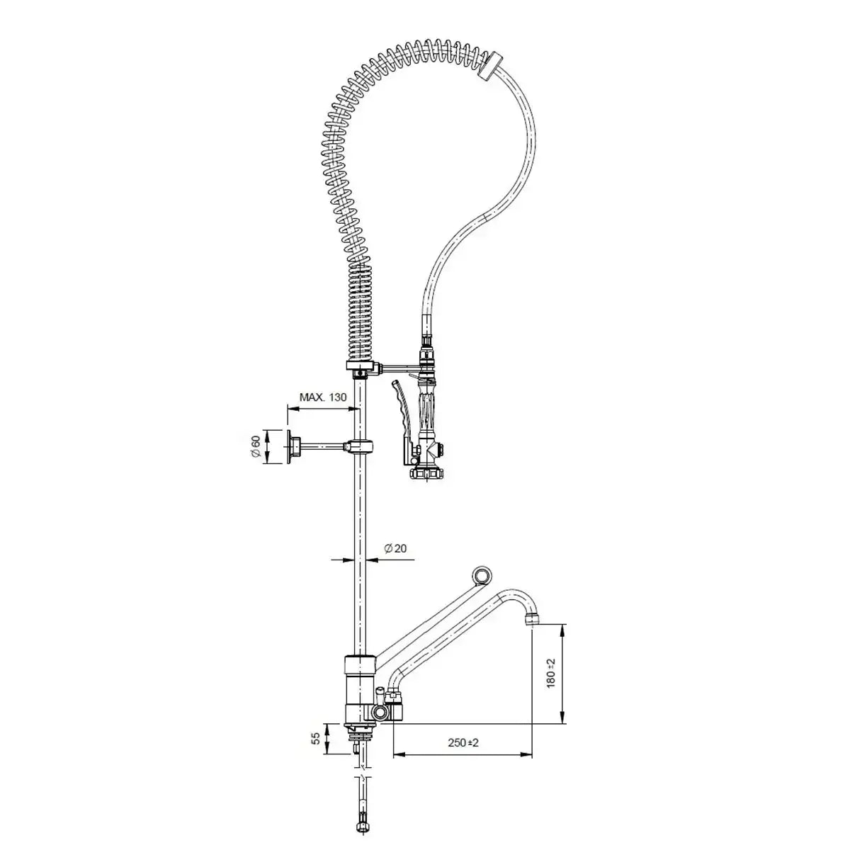 Technische Zeichnung Gastro-Spültischarmatur für Gastronomie, Edelstahl, Maße und Details sichtbar