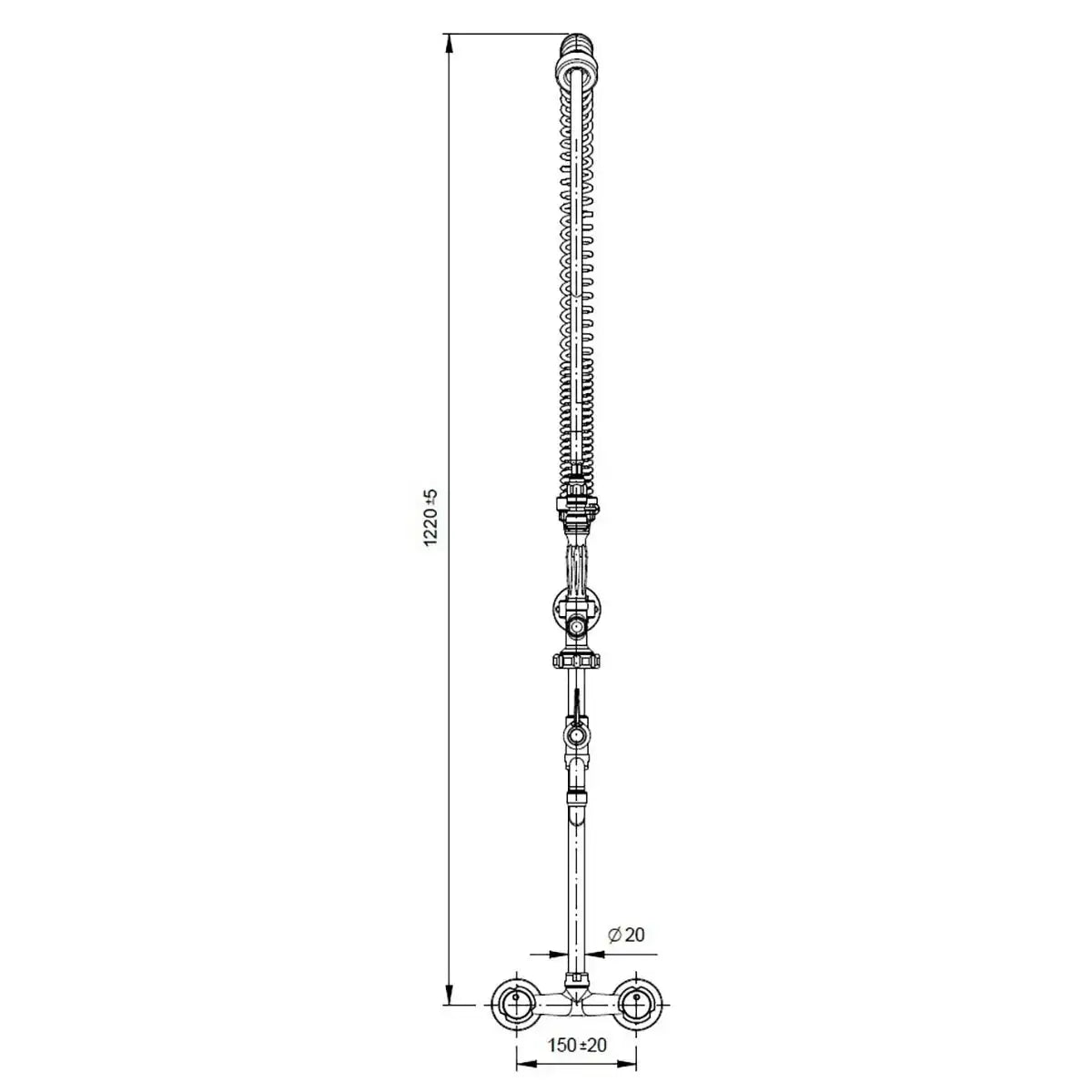 Technische Zeichnung Gastro Spülbrause mit Maßen, Edelstahl Küchenarmatur Gastronomie