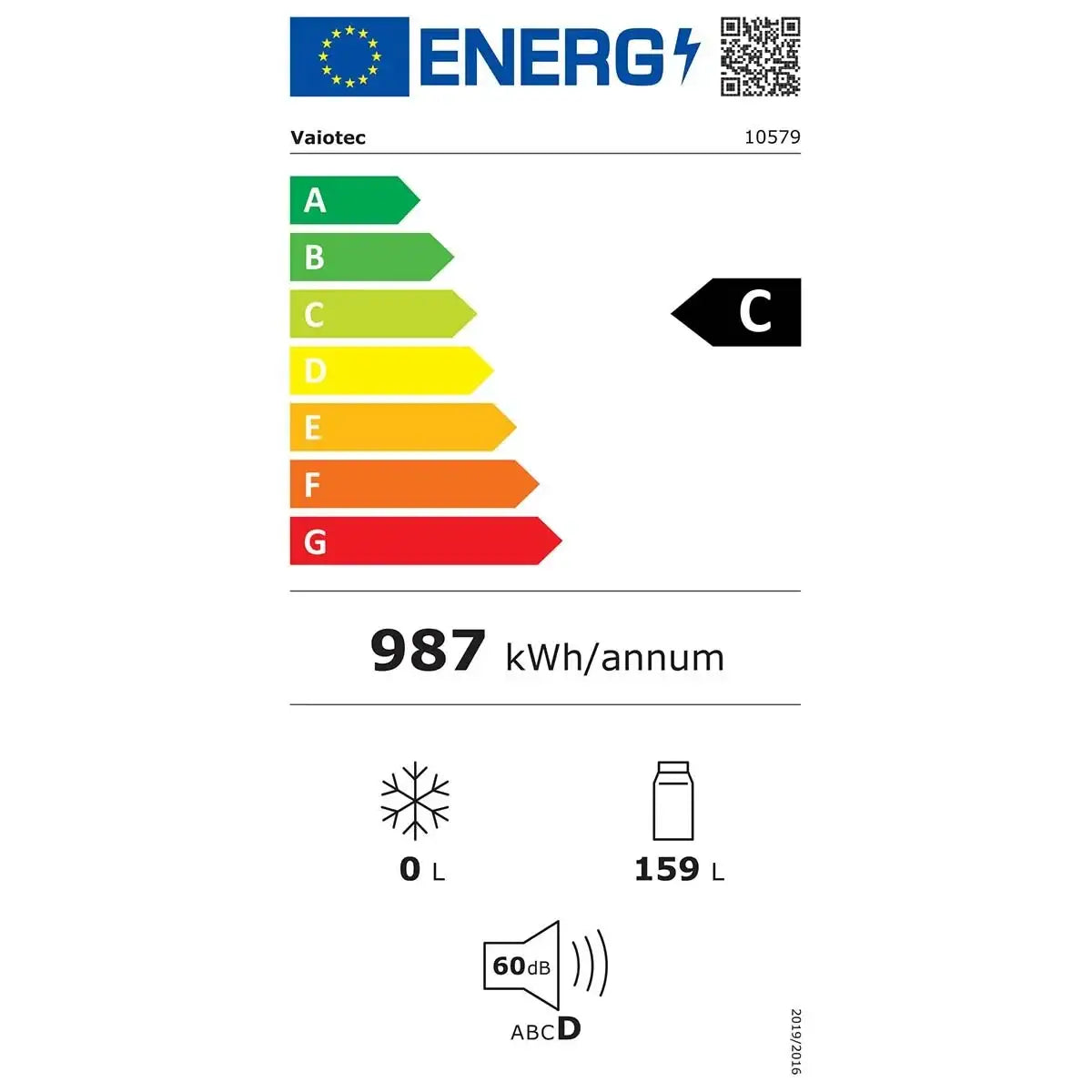 Energieeffizienzklasse C, 987 kWh/Jahr, 159 L Kühlvolumen, 60 dB Geräuschpegel
