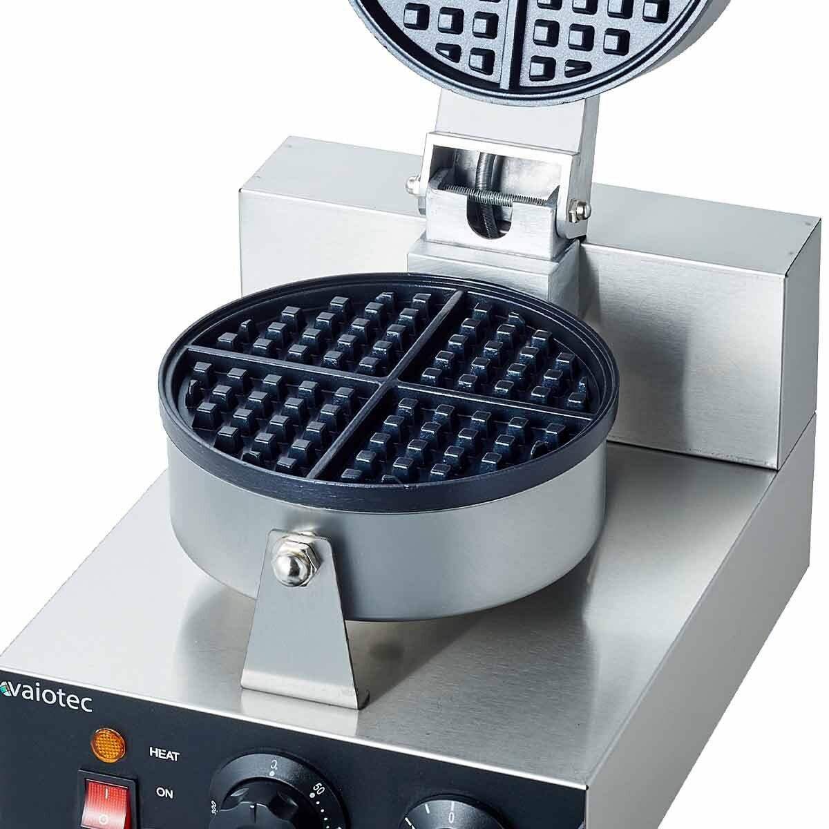 Rundes Edelstahl-Waffeleisen für Gastronomie, offen, mit Temperaturregler, Gastro-Bedarf24