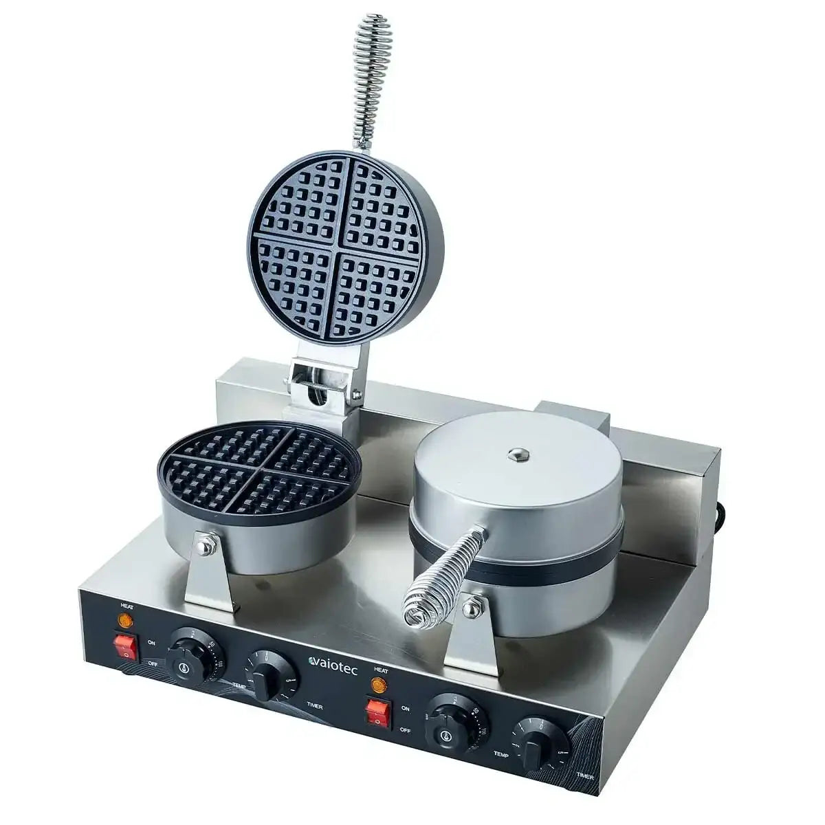 Doppelte, professionelle Waffelmaschine aus Edelstahl für Gastronomie, mit Bedienfeld.
