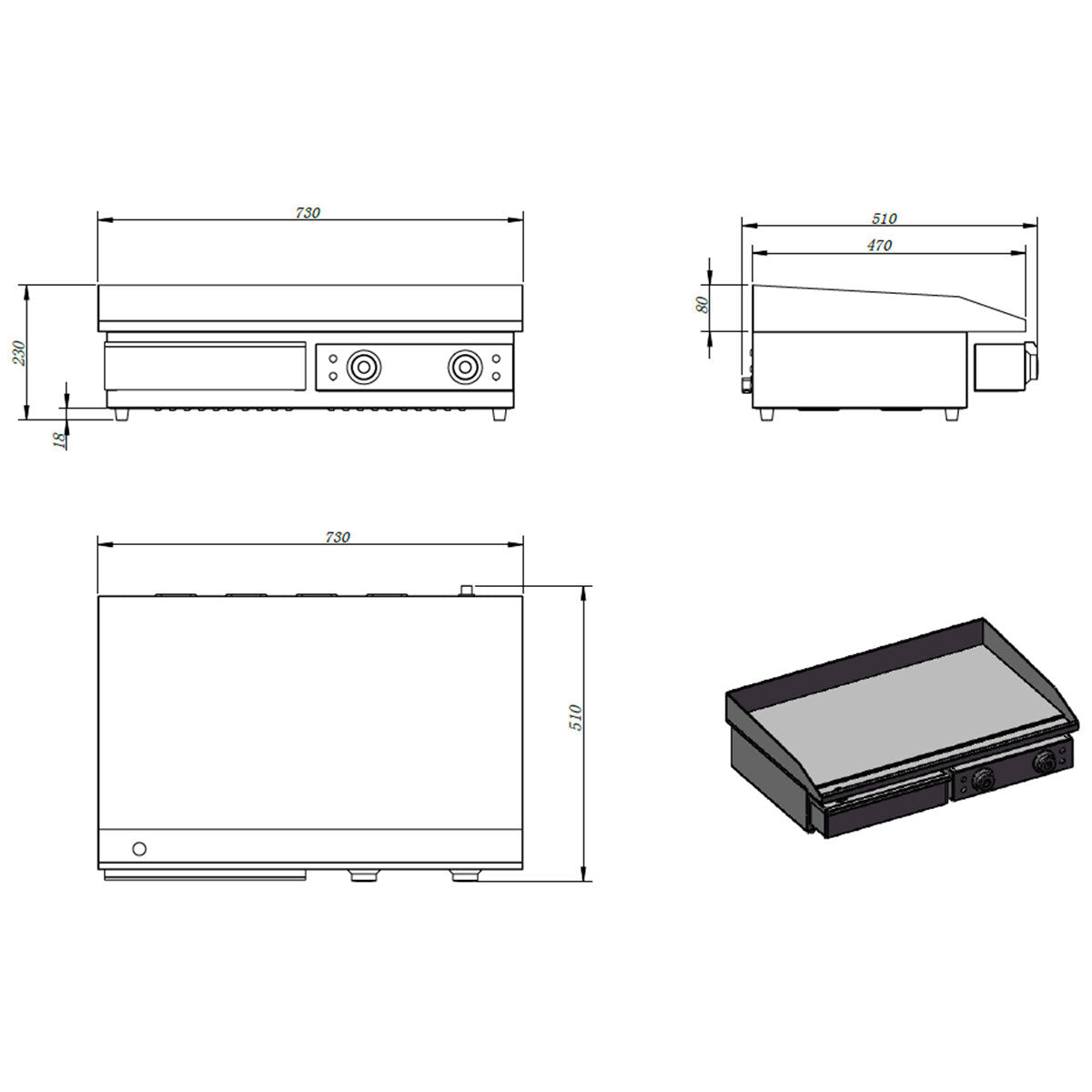 EASYLINE Elektro Grillplatte Breite 730 mm, Grillfläche glatt