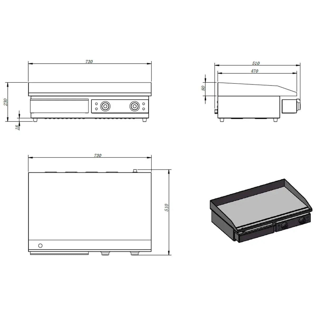 Technische Zeichnung einer Edelstahl-Gastro-Grillplatte mit Maßen, Gastronomiebedarf