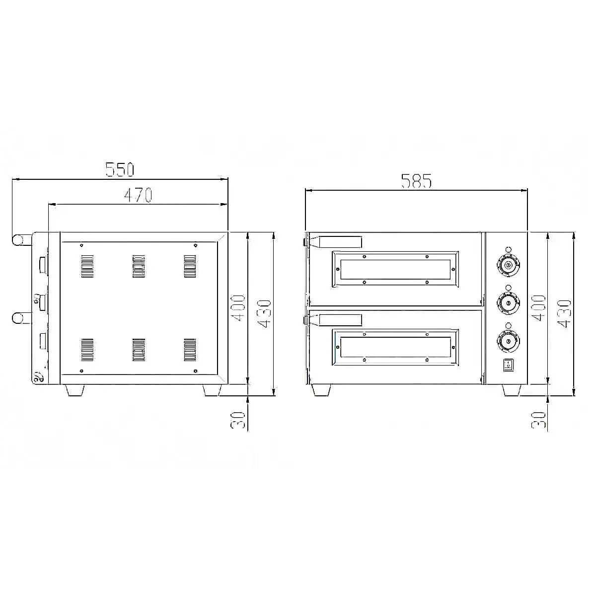 Skizze eines doppelten Pizzaofens aus Edelstahl mit Maßen, Gastro-Bedarf24 Gastronomiegerät