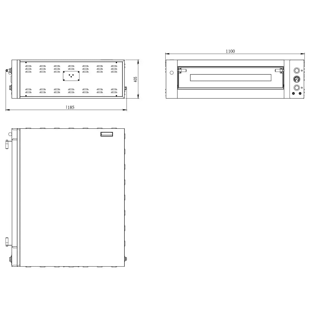 Technische Zeichnung eines Pizzaofens aus Edelstahl mit Maßangaben, Gastro-Bedarf24