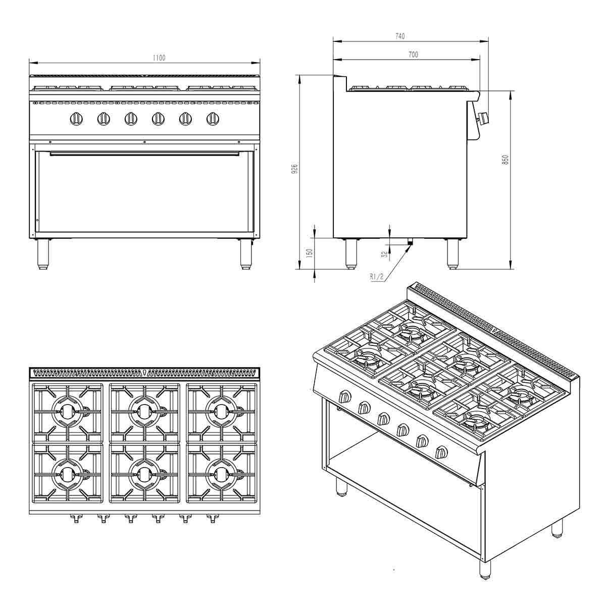 EASYLINE Gasherd 700 - 6 Brenner 43,2 kW - offener Unterbau
