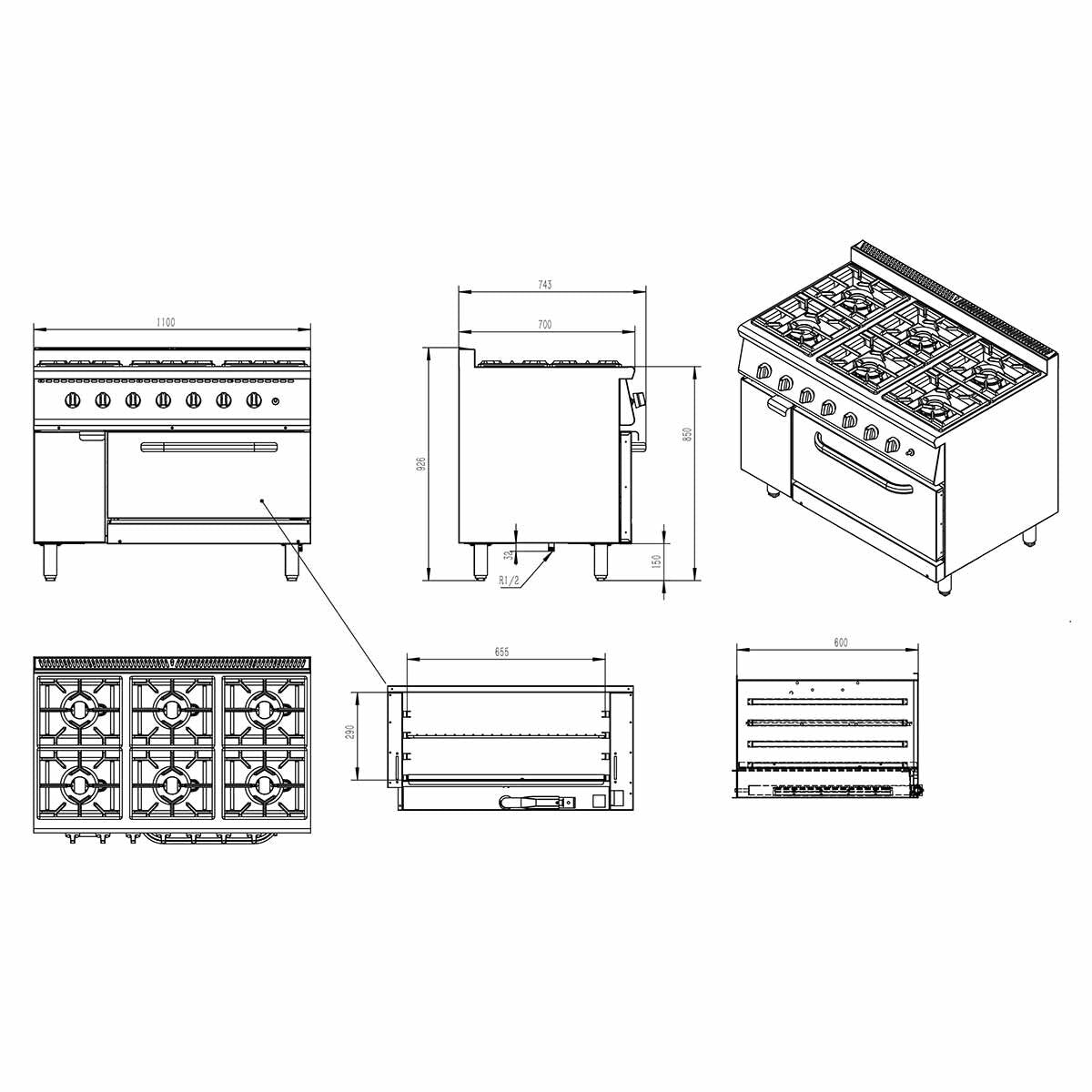EASYLINE Gasherd 700 - 6 Brenner 43,2 kW - mit Gasbackofen