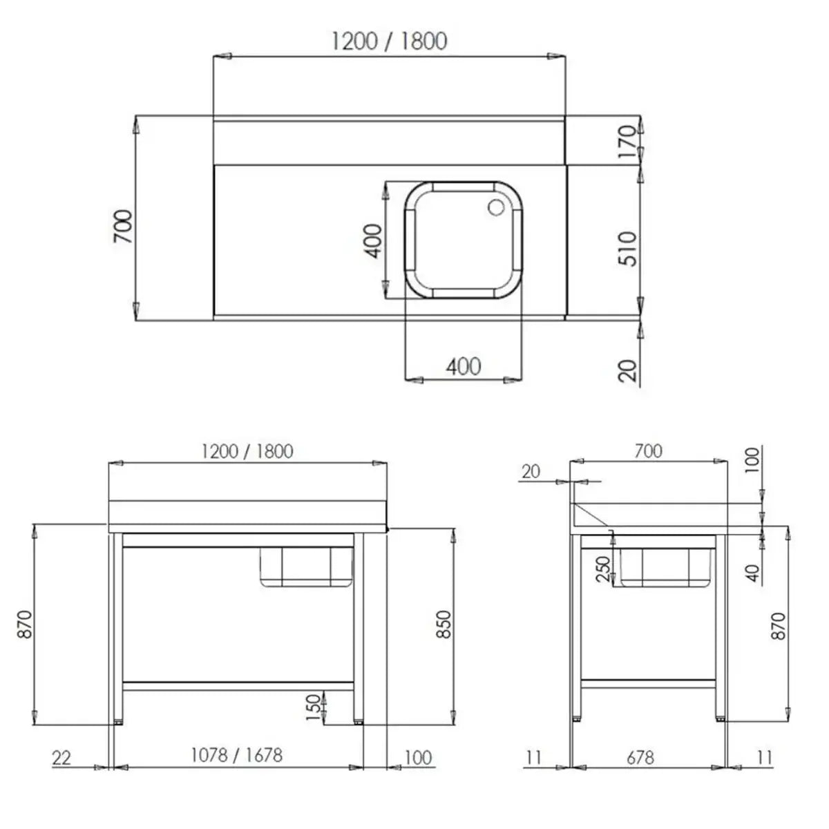 TOPLINE besleme masası 700, 1 hazne solda, sağdan eklenebilir G:1200