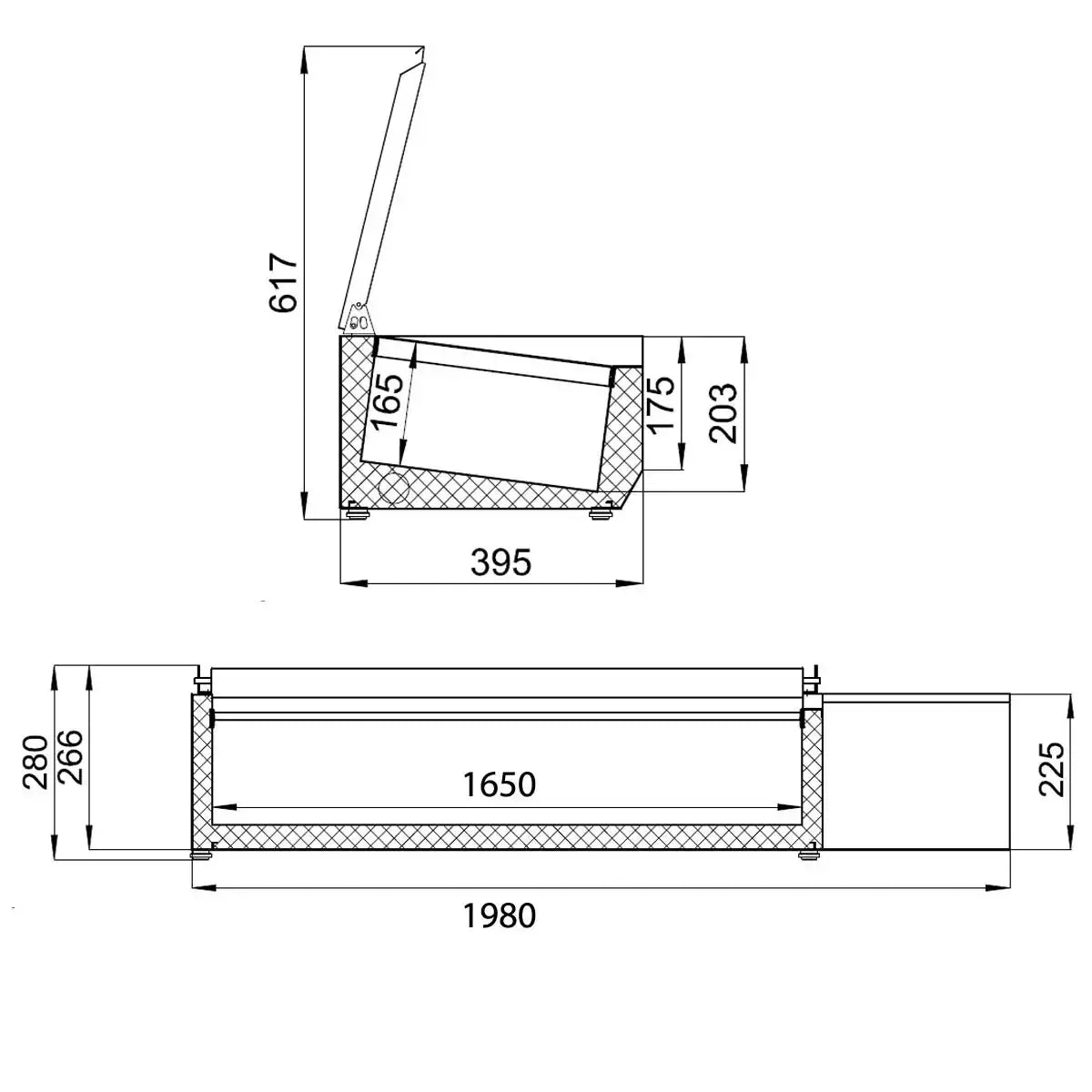 Technische Zeichnung Edelstahl-Gastronomiegerät, Maße B1980xT395xH617 mm, Gastro-Bedarf24