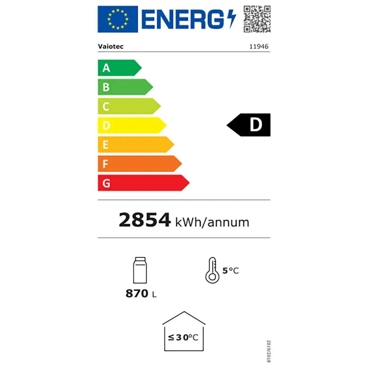 Energielabel für Gastro-Kühlschrank, Klasse D, 2854 kWh, 870 Liter, für Gastronomiebedarf