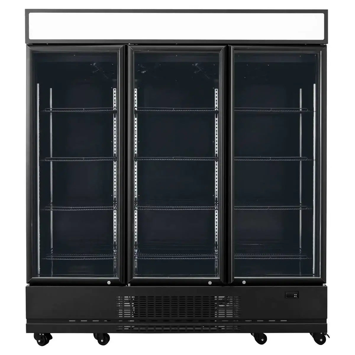 Gewerbekühlschrank mit drei Glastüren, schwarze Ausführung, ideal für Gastronomiebedarf