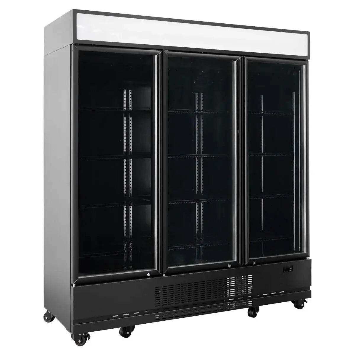 Gastro Kühlschrank mit drei Glastüren, schwarzes Gehäuse, für Gastronomiebedarf