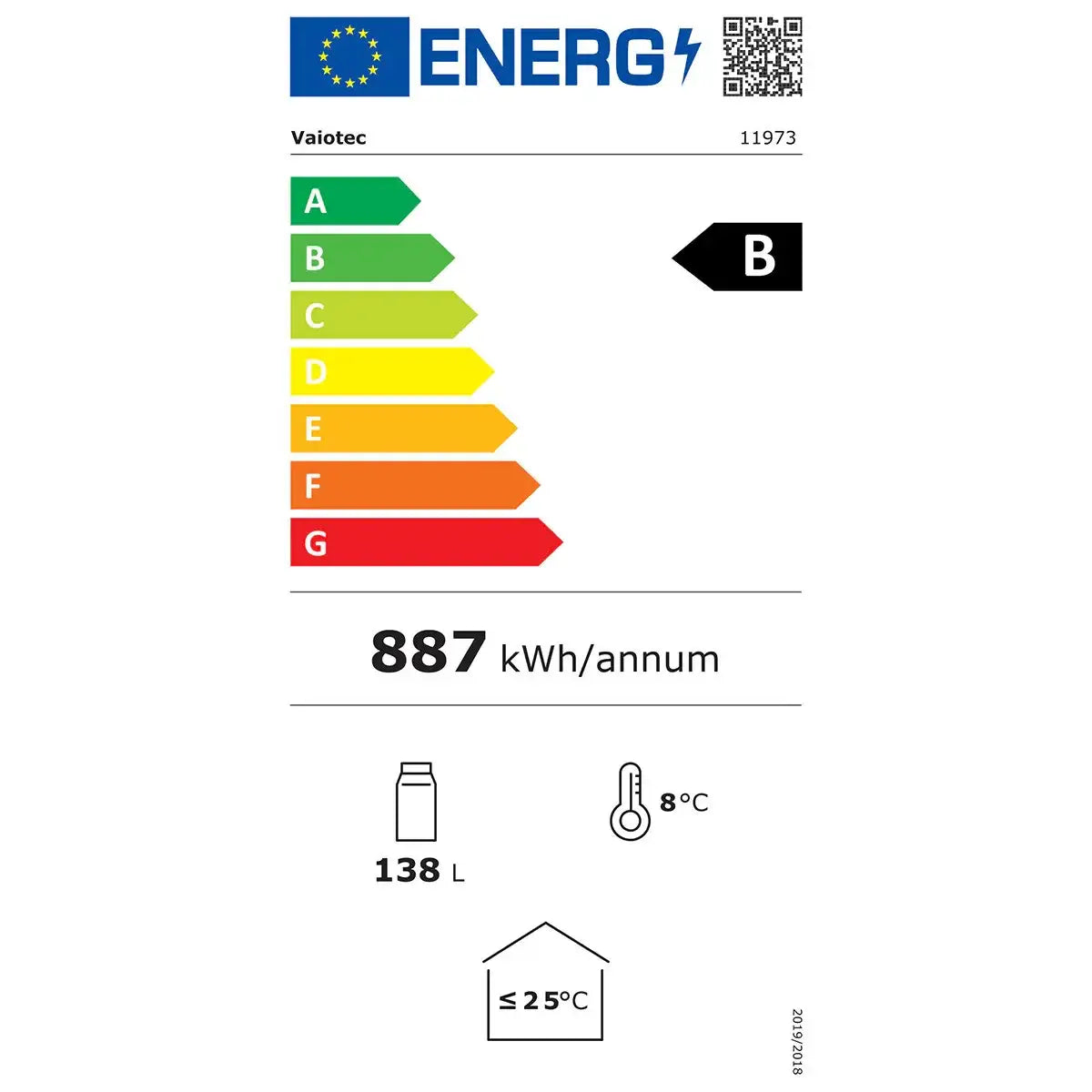 Energieeffizienzklasse B Label für Gastronomie-Kühlgerät, 887 kWh, 138 Liter, 8°C, Gastro-Bedarf24