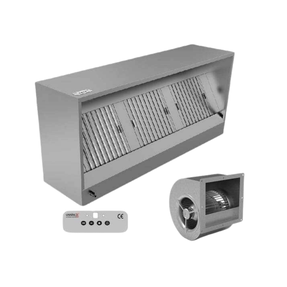 Kutu tipi davlumbaz - G1200xD950xY520 - motorlu, kumandalı, filtreli ve lambalı