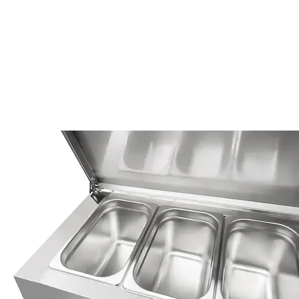 Saladette mit Räder | 3 Türen (1/1 GN) | Oben 8× 1/3 GN | +2°C bis +8°C | Zwangskühlung | Klappdeckel